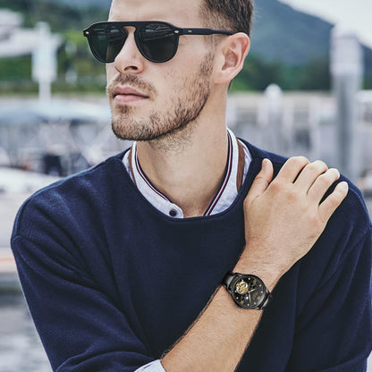 Dress Automatic Watch for Men Luxury Diamond Mechanical Self Winding Black Face Black Leather Strap Waterproof Luminous Men Wrist Watches