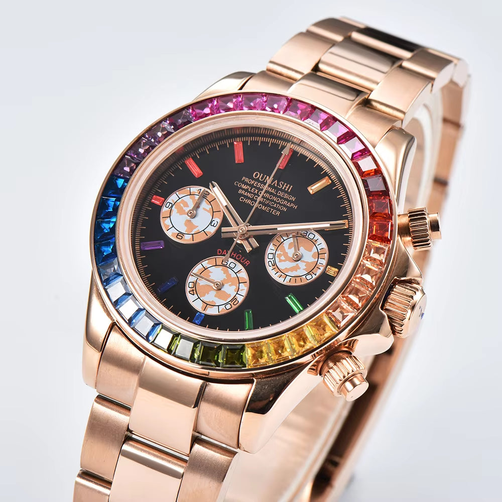 Luxury Men'S Watch Rose Gold Rainbow Watch VK63 Watch Sapphire Glass Waterproof Watch 39.3 Case Watch Support Customized Logo