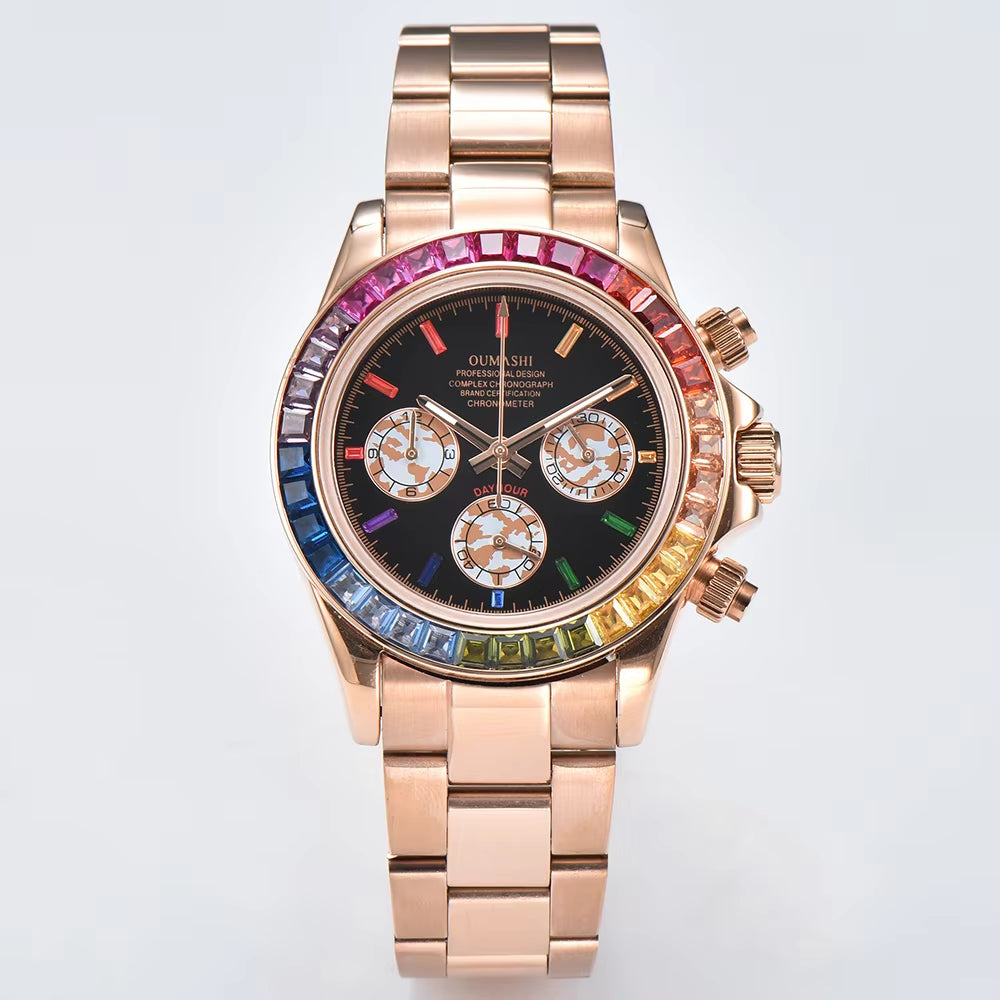 Luxury Men'S Watch Rose Gold Rainbow Watch VK63 Watch Sapphire Glass Waterproof Watch 39.3 Case Watch Support Customized Logo